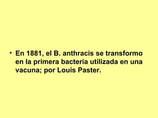 • En 1881, el B. anthracis se transformo
en la primera bacteria utilizada en una
vacuna; por Louis Paster.

 