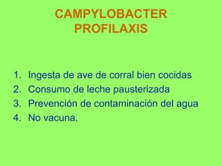 CAMPYLOBACTER
PROFILAXIS

1.
2.
3.
4.

Ingesta de ave de corral bien cocidas
Consumo de leche pausterizada
Prevención de contaminación del agua
No vacuna.

 