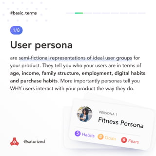 Fitness Persona
PERSONA 1
Fears
6Goals
8Habits
5
User persona
1/8
are semi-ﬁctional representations of ideal user groups for
your product. They tell you who your users are in terms of
age, income, family structure, employment, digital habits
and purchase habits. More importantly personas tell you
WHY users interact with your product the way they do.
#basic_terms
@saturized
 