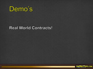 Design by ContractEvery software element is intended to satisfy a certain goal, or contractFor the benefit of other software elements (and ultimately of human users)The contract of any software element should beExplicitPart of the software element itself