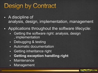 Introduction to Code ContractsNew API + tools from MicrosoftSystem.Diagnostics.ContractsMSIL rewritingInspired by Spec#Included in .NET 4.0 but…Download available now for .NET 3.5 and VS2008http://research.microsoft.com/en-us/projects/contracts/
