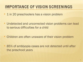 1 in 20 preschoolers has a vision problem  Undetected and uncorrected vision problems can lead to serious difficulties for a child Children are often unaware of their vision problem 85% of amblyopia cases are not detected until after the preschool years 