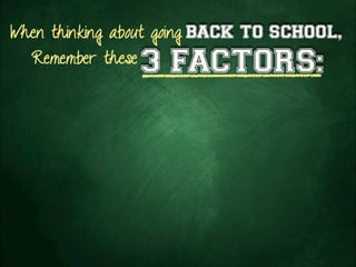 When thinking about going BACK TO SCHOOL,
Remember these
3 FACTORS:
 