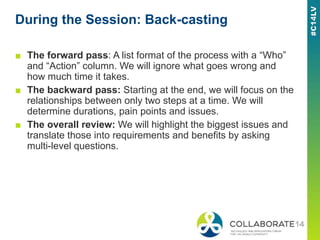 During the Session: Back-casting
■ The forward pass: A list format of the process with a “Who”
and “Action” column. We wil...