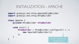 INITIALIZATION - APACHE
import groovyx.net.http.ApacheHttpBuilder
import groovyx.net.http.HttpBuilder
class Apache {
private HttpBuilder httpBuilder
void init() {
httpBuilder = HttpBuilder.configure({ c ->
new ApacheHttpBuilder(c)
})
}
} Factory function for
conﬁguration
 