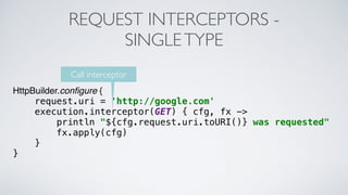 REQUEST INTERCEPTORS -
SINGLETYPE
HttpBuilder.conﬁgure {
request.uri = 'http://google.com'
execution.interceptor(GET) { cfg, fx ->
println "${cfg.request.uri.toURI()} was requested"
fx.apply(cfg)
}
}
Call interceptor
 