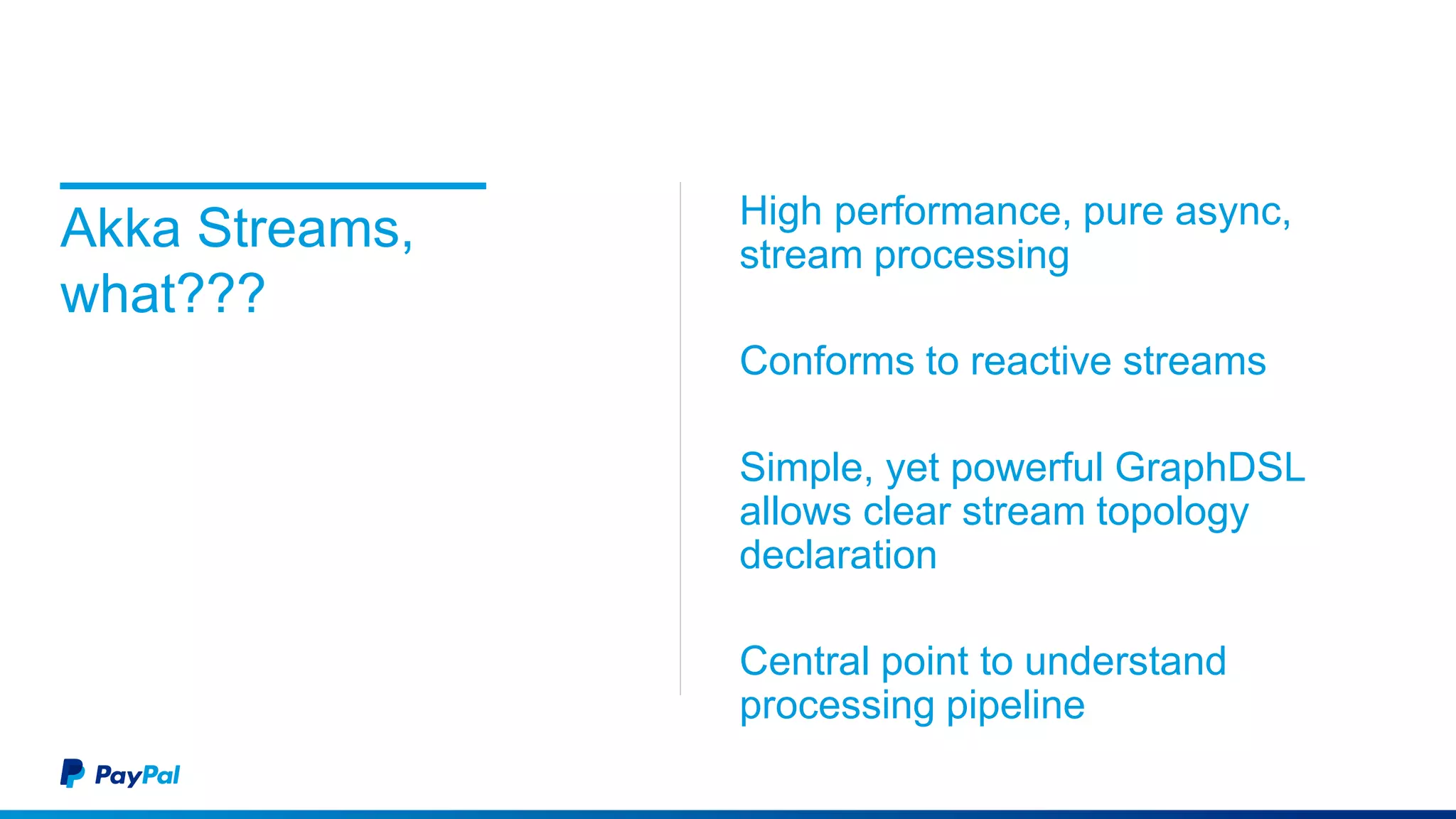 Akka Streams,
what???
High performance, pure async,
stream processing
Conforms to reactive streams
Simple, yet powerful GraphDSL
allows clear stream topology
declaration
Central point to understand
processing pipeline
 