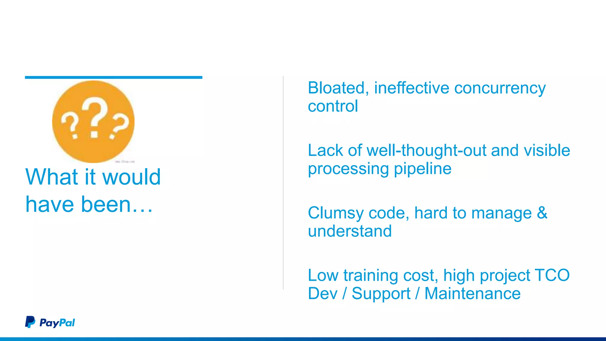 What it would
have been…
Bloated, ineffective concurrency
control
Lack of well-thought-out and visible
processing pipeline
Clumsy code, hard to manage &
understand
Low training cost, high project TCO
Dev / Support / Maintenance
 