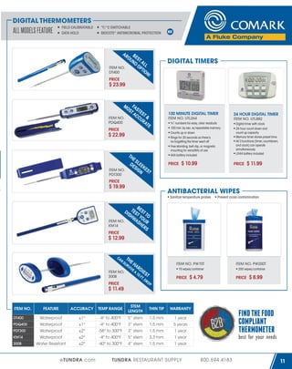 DIGITAL THERMOMETERS
FIELD CALIBRATABLE
ALL MODELS FEATURE DATA HOLD

°F/°C SWITCHABLE
BIOCOTE® ANTIMICROBIAL PROTECTION

AR
ITEM NO.
DT400

PRICE

OU BEST
ND AL
OP L
TIO
N!

DIGITAL TIMERS

$ 23.99

MO FA
ST S TE
AC ST
CU &
ITEM NO.
RA
PDQ400
TE

100 MINUTE DIGITAL TIMER
ITEM NO. UTL264

PRICE

$ 22.99

TH

ES
DE LEE
SIG KE
N ST

ITEM NO.
PDT300

¾” numbers for easy, clear readouts
100 min. by sec. w/repeatable memory
Counts up or down
Rings for 30 seconds so there’s
no forgetting the timer went off
Free standing, belt clip, or magnetic
mounting for versatility of use
AAA battery included

PRICE

$ 10.99

24 HOUR DIGITAL TIMER
ITEM NO. UTL882
Digital timer with clock
24 hour count down and
count up capacity
Memory timer stores preset time
All 3 functions (timer, countdown,
and clock) can operate
simultaneously
LR44 battery included

PRICE

$ 11.99

PRICE

$ 19.99

ANTIBACTERIAL WIPES
Sanitize temperature probes

Prevent cross contamination

B
DI TES EST T
SH T Y O
WA OU
ITEM NO.
SH R
ER
KM14
S
PRICE

$ 12.99

CA

NS

TH

UR

ITEM NO.
300B

EH

VIV

AR

EA

ITEM NO. PW70T

DI

10
F

ES

T. D

PRICE

T

RO

ITEM NO. PW200T

70 wipes/container

200 wipes/container

PRICE

$ 4.79

PRICE

$ 8.99

P

$ 11.49

FEATURE

ACCURACY

TEMP RANGE

STEM
LENGTH

THIN TIP

WARRANTY

DT400

Waterproof

±1°

-4° to 400°F

5” stem

1.5 mm

1 year

PDQ400

Waterproof

±1°

-4° to 400°F

3” stem

1.5 mm

5 years

PDT300

Waterproof

±2°

-58° to 300°F

3” stem

1.5 mm

1 year

KM14

Waterproof

±2°

-4° to 400°F

5” stem

3.3 mm

1 year

300B

Water Resistant

±2°

-40° to 300°F

4” stem

1.5 mm

1 year

ITEM NO.

eTUNDRA.com

TUNDRA RESTAURANT SUPPLY

FIND THE FOOD
C
COMPLIANT
THERMOMETER

best for your needs

800.594.4183

11

 