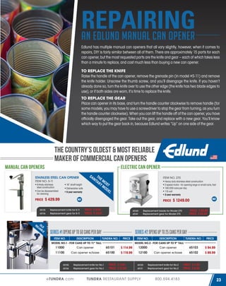 REPAIRING
an Edlund Manual Can Opener
Edlund has multiple manual can openers that all vary slightly, however, when it comes to
repairs, DIY is fairly similar between all of them. There are approximately 15 parts for each
can opener, but the most requested parts are the knife and gear – each of which takes less
than a minute to replace, and cost much less than buying a new can opener.
TO REPLACE THE KNIFE
Raise the handle of the can opener, remove the grenade pin (in model #S-11) and remove
the knife holder. Unscrew the thumb screw, and you’ll disengage the knife. If you haven’t
already done so, turn the knife over to use the other edge (the knife has two blade edges to
use), or if both sides are worn, it’s time to replace the knife.
TO REPLACE THE GEAR
Place can opener in its base, and turn the handle counter clockwise to remove handle (for
some models, you may have to use a screwdriver to stop the gear from turning, as you turn
the handle counter clockwise). When you can lift the handle off of the can opener, you have
officially disengaged the gear. Take out the gear, and replace with a new gear. You’ll know
which way to put the gear back in, because Edlund writes “Up” on one side of the gear.

THE COUNTRY’S OLDEST & MOST RELIABLE
MAKER OF COMMERCIAL CAN OPENERS
MANUAL CAN OPENERS

ELECTRIC CAN OPENER

STAINLESS STEEL CAN OPENER
ITEM NO. S-11
Entirely stainless
steel construction
Can be disassembled
for cleaning

PRICE

T
NI HE M
TA O
RY ST
MO
DE
L

ITEM NO. 270
Heavy duty stainless steel construction
2-speed motor - for opening large or small cans, fast
100-200 cans per day
115 volt
3 year warranty

$ 429.99

65135
65136

RE OLD
LIA
BL
E

16” shaft height
Dishwasher safe
5 year warranty

SA

PRICE

Replacement knife for S-11
Replacement gear for S-11

PRICE $ 8.99
PRICE $ 44.91

ITEM NO.

DESCRIPTION

SERIES #2 OPENS UP TO 25 CANS PER DAY
TUNDRA NO.

PRICE

MODEL NO.1 - FOR CANS UP TO 11” TALL

Can opener

65101

11100

Can opener w/base

65100

Replacement knife for No.1
Replacement gear for No.1

eTUNDRA.com

ITEM NO.

DESCRIPTION

TUNDRA NO.

PRICE

$ 94.99
$ 89.99

MODEL NO.2 - FOR CANS UP TO 9” TALL

11000

65105
65106

PRICE $ 39.99
PRICE $ 62.99

Replacement blade for Model 270
Replacement gear for Model 270

65140
65141

SERIES #1 OPENS UP TO 50 CANS PER DAY

$ 1249.00

$ 114.99
$ 119.99

PRICE $ 5.99
PRICE $ 21.59

12000

Can opener

65103

12100

Can opener w/base

65102

65120
65121

TUNDRA RESTAURANT SUPPLY

Replacement knife for No.2
Replacement gear for No.2

800.594.4183

PRICE $ 4.39
PRICE $ 8.99

23

 