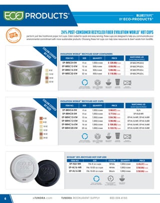 4

WI

N
01
R 2 4

WINTER

01

24% POST-CONSUMER RECYCLED FIBER EVOLUTION WORLD™ HOT CUPS

TE

2

BLUESTRIPE™
BY ECO-PRODUCTS®

perform just like traditional paper hot cups. Color coded for quick and easy serving, these cups are designed to help you communicate your
environmental commitment with more sustainable products. Choosing these hot cups can help save resources & divert waste from landfills.

W

IN

T E R 2 01

4

CO

LO
BY R CO
SIZ DE
E D

EVOLUTION WORLD™ RECYCLED SOUP CONTAINERS
ITEM NO.

MATCHING LID
(sold separately)

SIZE

QUANTITY

PRICE

$ 129.99/case
$ 69.99/case
$ 89.99/case
$ 119.99/case

EP-BRSC8-EW

8 oz

1,000/case

EP-BRSC12-EW

12 oz

500/case

8 OZ

EP-BRSC16-EW

16 oz

500/case

12 OZ

EP-BRSC32-EW

32 oz

500/case

EP-BSCPPLID-S
EP-BSCPPLID-L
EP-BSCPPLID-L
EP-BSCPPLID-L

16 OZ
32 OZ

CO

LO
BY R CO
SIZ DE
E D

EVOLUTION WORLD™ RECYCLED HOT CUPS
MATCHING LID
(sold separately)

ITEM NO.

SIZE

QUANTITY

PRICE

EP-BRHC4-EW

4 oz

1,000/case

EP-BRHC8-EW

8 oz

1,000/case

4 OZ

EP-BRHC10-EW

10 oz

1,000/case

8 OZ

EP-BRHC12-EW

12 oz

1,000/case

EP-BRHC16-EW

16 oz

1,000/case

EP-BRHC20-EW

20 oz

1,000/case

$ 66.67/case
$ 77.54/case
$ 84.36/case
$ 99.99/case
$ 109.90/case
$ 133.15/case

10 OZ
12 OZ

N/A
EP-HL8-WR
EP-HL16-WR, EP-HL16-BR
EP-HL16-WR, EP-HL16-BR
EP-HL16-WR, EP-HL16-BR
EP-HL16-WR, EP-HL16-BR

16 OZ
20 OZ

ECOLID® 25% RECYCLED HOT CUP LIDS
ITEM NO.

QUANTITY

PRICE

White

1,000/case

Fits 10-20 oz cups

White

1,000/case

EP-HL16-BR

eTUNDRA.com

COLOR

Fits 8 oz cups

EP-HL16-WR

6

SIZE

EP-HL8-WR

Fits 10-20 oz cups

Black

1,000/case

$ 45.37/case
$ 50.60/case
$ 50.60/case

TUNDRA RESTAURANT SUPPLY

800.594.4183

 