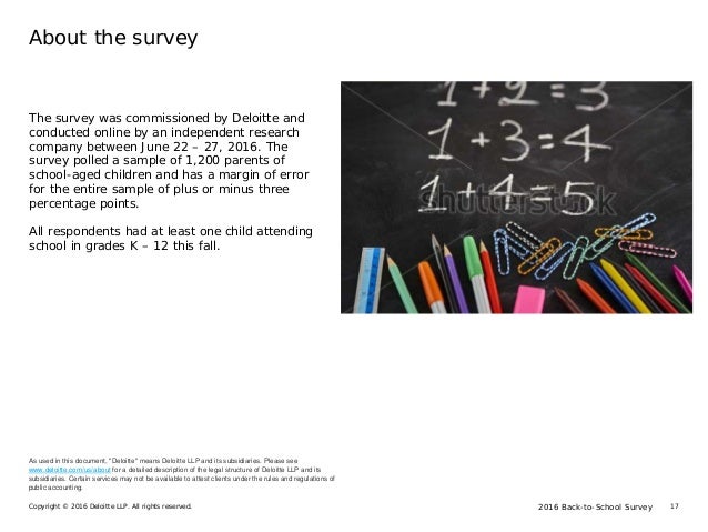 2016 Back-to-School SurveyCopyright © 2016 Deloitte LLP. All rights reserved. 17
About the survey
The survey was commissio...