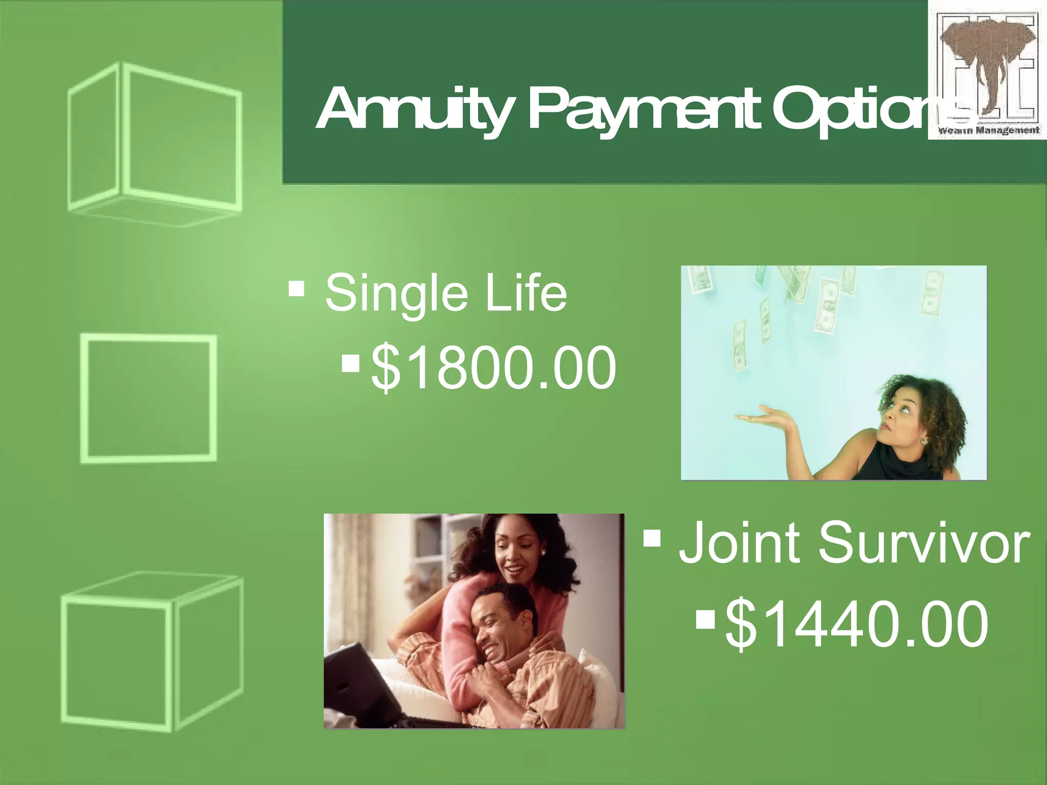 Annuity Payment Options Single Life $1800.00 Joint Survivor $1440.00 