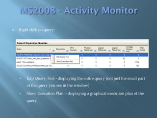    Right click on query:




       Edit Query Text - displaying the entire query (not just the small part
        of the query you see in the window)

       Show Execution Plan - displaying a graphical execution plan of the
        query
 