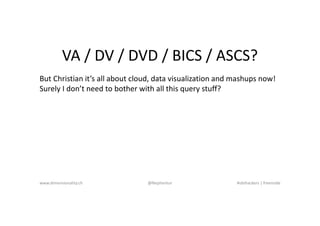 VA / DV / DVD / BICS / ASCS?
www.dimensionality.ch @Nephentur #obihackers | freenode
But Christian it’s all about cloud, d...