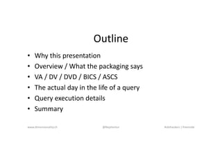 Outline
• Why this presentation
• Overview / What the packaging says
• VA / DV / DVD / BICS / ASCS
• The actual day in the...