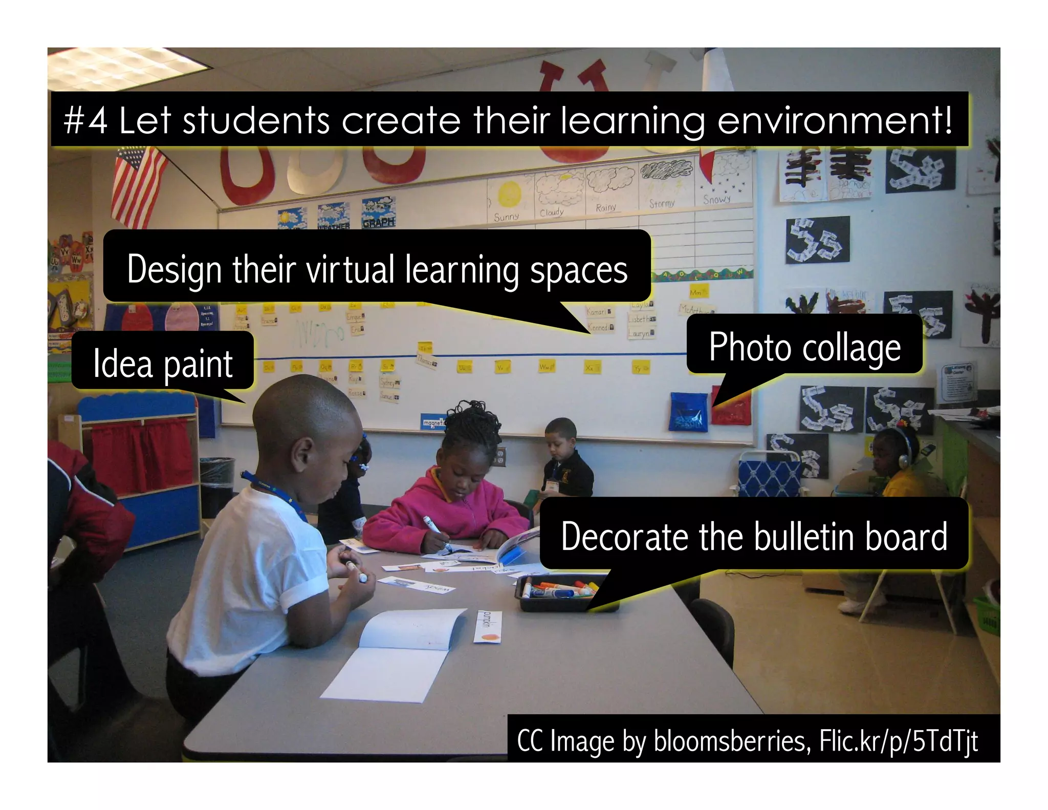 #4 Let students create their learning environment!
CC Image by bloomsberries, Flic.kr/p/5TdTjt
Decorate the bulletin board
Photo collageIdea paint
Design their virtual learning spaces
 