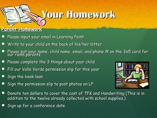 Your HomeworkYour Homework
Parent HomeworkParent Homework
 Please input your email in Learning PointPlease input your email in Learning Point
 Write to your child on the back of his/her letterWrite to your child on the back of his/her letter
 Please put your name, child name, email, and phone # on the 3x5 card forPlease put your name, child name, email, and phone # on the 3x5 card for
our room parentsour room parents
 Please complete the 3 things about your childPlease complete the 3 things about your child
 Fill our Valle Verde permission slip for this yearFill our Valle Verde permission slip for this year
 Sign the book loanSign the book loan
 Sign the permission slip to post photos on LPSign the permission slip to post photos on LP
 Donate ten dollars to cover the cost of TFK and Handwriting (This is inDonate ten dollars to cover the cost of TFK and Handwriting (This is in
addition to the twelve already collected with school supplies.)addition to the twelve already collected with school supplies.)
 Sign up for a conference dateSign up for a conference date
 