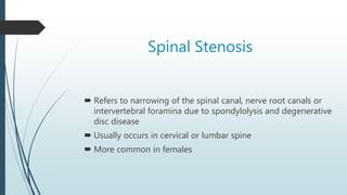 Spinal Stenosis
 Refers to narrowing of the spinal canal, nerve root canals or
intervertebral foramina due to spondylolysis and degenerative
disc disease
 Usually occurs in cervical or lumbar spine
 More common in females
 