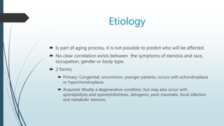 Etiology
 Is part of aging process, it is not possible to predict who will be affected.
 No clear correlation exists between the symptoms of stenosis and race,
occupation, gender or body type.
 2 forms:
 Primary: Congenital, uncommon, younger patients, occurs with achondroplasia
or hypochondroplasia
 Acquired: Mostly a degenerative condition, but may also occur with
spondylolysis and spondylolisthesis, iatrogenic, post-traumatic, local infection
and metabolic stenosis.
 