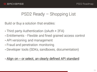 PSD2 Roadmap
Build or Buy a solution that enables:
§ Third party Authentication (oAuth + 2FA)
§ Entitlements - Flexible an...