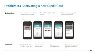 Problem #4 : Activating a new Credit Card
• New credit card arrives by mail
• Dial by phone to activate
• Pre-set PIN code that I can’t
change
• No way to manage my credit
card in my mobile app
Pain points:
Solution: • Simply activate card
from your mobile app
• Choose your own
PIN-code directly
• Full Cards Management
directly in your mobile
app
• Activate using the
physical code
 