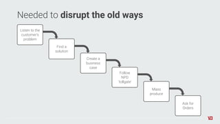 Needed to disrupt the old ways
Listen to the
customer’s
problem
Find a
solution
Create a
business
case
Follow
NPD
‘tollgate’
Mass
produce
Ask for
Orders
 