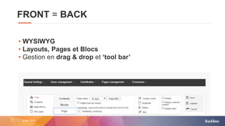 7 AVRIL 2015
FRONT = BACK
• WYSIWYG
• Layouts, Pages et Blocs
• Gestion en drag & drop et ‘tool bar’
 
