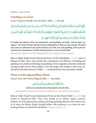 Backbiting - A Cancer of Society


Gambling is an evil act
                                                  َّ َ ّ َ
In Juz 7, Suraĥ al-Maidaĥ, Verse 90 and 91, Allah ‫ ﻋﺰَوﺟﻞ‬has said:
                                                       َ

        ۡ ٰ ۡ        ۡ ٌ ۡ        ۡ ۡ       ۡ ۡ   ۡ   ۡ       ۤۡ ٰ
‫ﻳﺎﻳﻬﺎ ﻟﺬﻳۡﻦ ﻮ ﻧﻤﺎ ۡ و ﻟ ۡ و ﻵﻹﻧﺼﺎب و ﻵﻹزﻵﻹم رﺟﺲ ﻣﻦ ﻋﻤﻞ ﻟﺸﻴﻄﻦ ﻓﺎﺟﺘﻨﺒﻮه‬
 ۡ                                                                       ٰٓ

    ۡ ۡ    ۡ     ۡ ۡ        ۡ             ۡ ۡ ٰ ۡ                 ۡ ۡ ۡ
‫ۡ و ﻟﻤﻴ و‬     ‫ﻟﻌﻠ ﻢ ﺗﻔ ﻮن ﴿٠٩﴾ ﻧﻤﺎ ﻳﺮﻳۡﺪ ﻟﺸﻴﻄﻦ ن ﻳﻮﻗ ﺑﻴﻨﻜﻢ ﻟﻌﺪ وة و ﻟﺒﻐﻀﺂء‬
                                    ۡ

                                      ۡ ۡ     ۡ ۡ   ٰ           ٰ ۡ ۡ ۡ
                              ﴾٩١﴿‫ﻳﺼﺪ ﻢ ﻋﻦ ذﻛﺮ ﷲ و ﻋﻦ ﻟﺼ ة ﻓﻬﻞ ﻧ ۡ ﻨﺘﻬﻮن‬
O People who believe! Wine (all intoxicants), and gambling, and idols, and the darts are
impure - the works of Satan, therefore keep avoiding them so that you may succeed. The devil
only seeks to instil hatred and enmity between you with wine and gambling, and to prevent
you from the remembrance of Allah and from prayer; so have you desisted?
(Qurān)(Sūraĥ al-Maidah, Āyah. 90-91) (Kanzul Īmān(Treasure of Faith)[Translation of Quran])

                                                                         ٰ ِ ُ َْ َ
Ṣadr-ul-Afāḍil, Shaykh Sayyid Muhammad Na’īm-ud-Dīn Murādābādī ‫َﻠَﻴْﻪ‬ʋ  ‫ رﲪﺔ  اﷲ  ﺗَﻌَﺎﱃ‬states in
Khazāin-ul-‘Irfān: These verses portray the consequences and afflictions of drinking and
gambling. One problem of drinking and gambling is that it engenders animosity and hatred
amongst people and the other problem is that the people, who indulge in these vices, are
                                        َّ َ ّ َ
devoid from the Remembrance of Allah ‫ ﻋﺰَوﺟﻞ‬and deprived from the punctuality of Ṣalāĥ.
                                             َ


Money won through gambling is Ḥarām
                                           َّ َ َّ َ
In Juz2, Verse 188, Sūraĥ al-Baqaraĥ Allah ‫ ﻋﺰوﺟﻞ‬has stated:
                                                َ

                                       ۡ ۡ                   ۡ ۤ      ۡ
                                              ۡ ۡ
                                   ‫ﻢ ﺑﻴﻨﻜﻢ ﺑﺎﻟﺒﺎﻃﻞ‬          ‫ۡ ﻣﻮ‬      ‫وﻵﻹ ﺗﺎ‬
                        And do not unjustly devour the property of each other...
        (Qurān)(Sūraĥ al-Baqaraĥ, Āyaĥ. 219) (Kanzul Īmān(Treasure of Faith)[Translation of Quran])

                                                                              ٰ ِ ُ َْ َ
Ṣadr-ul-Afāḍil, Shaykh Sayyid Muhammad Na’īm-ud-Dīn Murād Ābādī ‫َﻠَﻴْﻪ‬ʋ  ‫ رﲪﺔ  اﷲ  ﺗَﻌَﺎﱃ‬has
written in Khazāin-ul-‘Irfān: “This verse forbids us to unfairly acquire anyone’s
property, be it through looting, stealing, snatching, gambling, Ḥarām events, Ḥarām acts
or in return for Ḥarām things, through bribery, false testimony or in return for tale-
bearing all these are prohibited and Ḥarām.” (Khazāin-ul-‘Irfān, p. 47)
                                                    156
 