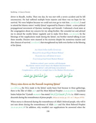 Backbiting - A Cancer of Society


driver in Riyadh, Arabia. Then one day, he was met with a severe accident and he fell
unconscious. He had suffered multiple brain injuries and there was no hope for his
survival. We were helpless because we could not even go to visit him. ‫ـﻪ ﻋﺰَوﺟﻞ‬ȹ ‫ ,ا َﻟـ ْﺤﻤـﺪ  ﻟِـﻠ‬I used
                                                                                                  َّ َ ّ َ
                                                                                                        َ   ُ ْ َ
to attend the Islamic sisters’ weekly Ijtimā’ organized by Dawat-e-Islami - a non-political
propagational movement of Qurānic teachings and Sunnaĥ. I informed a local sister at
the congregation about my concern for my ailing brother. She consoled me and advised
me to attend the weekly Ijtima’ regularly and to make Du’ā there. ‫ـﻪ  ﻋﺰَوﺟﻞ‬ȹ ‫ ,ا َﻟـ ْﺤﻤـﺪ  ﻟِـﻠ‬by the
                                                                                             َّ َ َ ّ َ    ُ ْ َ
blessings of the supplications made during the Ijtimā’, my brother started talking in just
three months. Doctors were stunned at his recovery despite his numerous injuries and
slim chances of survival. ‫ـﻪ ﻋﺰَوﺟ َّﻞ‬ȹ ‫ ,ا َﻟـ ْﺤﻤـﺪ ﻟِـﻠ‬that strengthened my faith even further in the blessing
                              َ َّ َ         ُ ْ َ
of the Ijtimā.

                                            Aye Islami beĥno kabĥī cĥornā mat
                                          Maṣayib ko daygā bĥagā Madanī Maḥaul
                                             Tū parday kay sātĥ Ijtimā’āt mayn
                                          Ā tayrī daygā bigřī banā Madanī Maḥaul

                                       Problems solved, your worries will dissipate
                                My Islamic sisters never leave the Madanī Environment
                                       Attend the Ijtimā’ with full body concealment
                             Complications will be set straight due to the Madanī Environment


                                   ٰ ٰ       ٰ
                              ‫ ﻣﺤﻤﺪ‬Ơ‫ ﻋ‬ƕ‫ اﻟـﻠـﻪ ﺗﻌﺎ‬Ơ‫ﺻ‬                    ۡ ْ       ۡ
                                                                       ‫ اﻟﺤﺒﻴﺐ‬Ơ‫ﺻﻠﻮا ﻋ‬


Mercy rains down on the Sunnaĥ-inspiring Ijtimā’
‫ـﻪ  ﻋَﺰَوﺟﻞ‬ȹ‫ﺂءَاﻟـﻠ‬ˠ‫اِن  ﺷ‬
َّ َ َ ّ     , the Du’a made in the Ijtimā’ surely bears fruit because in these gatherings,
                    َ ْ
there is the Żikr of Allah ‫ ﻋﺰَوﺟﻞ‬and His Most Beloved Prophet ‫َﻠَﻴْﻪ  واٰﻟ ِٖﻪ  وﺳﻠَّﻢ‬ʋ  ‫  اﷲُ  ﺗَﻌَﺎﱃ‬ʄ‫ .ﺻ‬Sayyidunā
                           َّ َ ّ َ
                                َ                                  ََ َ
                                                                                 ِ        ٰ            َّ َ

                                                              ۡ            ٰۡ         ۡ   ۡ
Imām Sufyān bin ‘Uyaīnaĥ ‫َﻠَﻴْﻪ‬ʋ ‫ رﲪَﺔ اﷲ ﺗَﻌَﺎﱃ‬has stated: ‫ ﻋﻨﺪ ذﻛﺮ اﻟﺼﻠﺤﲔ ﺗﻨﺰل اﻟﺮﺣﻤﺔ‬i.e. Allah’s mercy
                                 ٰ ِ ُ ْ َ

descends during the remembrance of pious people. (Ḥilyat-ul-Awliyā, pp. 335, vol. 7, Raqam 10750)

When mercy is showered during the remembrance of Allah’s beloved people, why will it
                                                                        َّ َ ّ َ
not rain down during the remembrance of Allah ‫ ﻋﺰَوﺟﻞ‬and His Most Beloved Prophet
                                                                             َ
‫َﻠَﻴْﻪ  واٰﻟِﻪ  وﺳﻠَّﻢ‬ʋ  ‫  اﷲ  ﺗَﻌَﺎﱃ‬ʄ‫ ?ﺻ‬In addition, why wouldn’t our supplications be answered when the
    ََ
        ٖ
             َ
                ِ        ٰ       ُ
                                     َّ َ


                                                           198
 