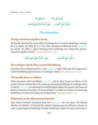 Backbiting - A Cancer of Society


                                      ْ ْ               ْ ْ
                                 ‫اﺳﺘﻐﻔﺮاﷲ‬        !‫ اﷲ‬ƕ‫ﺗﻮﺑﻮاا‬
                                ٰ ٰ       ٰ           ۡ ْ    ۡ
                           ‫ ﻣﺤﻤﺪ‬Ơ‫ ﻋ‬ƕ‫ اﻟـﻠـﻪ ﺗﻌﺎ‬Ơ‫ اﻟﺤﺒﻴﺐ ﺻ‬Ơ‫ﺻﻠﻮا ﻋ‬


                                        The sixth antidote

Giving a mountain of gold in charity
He should reprimand his inner-self by burdening that if I commit backbiting I will give
                                                                                     ٰ ِ ُ َْ َ
Rs. 5 in charity. By Allah, Rs. 5 is of no value. Sayyidunā Wuĥaib bin Ward ‫َﻠَﻴْﻪ‬ʋ  ‫رﲪﺔ  اﷲ  ﺗَﻌَﺎﱃ‬
has stated, “By Allah, I regard refraining from backbiting more dearly than giving a
mountain of gold in charity.” (Tanbīh-ul-Mughtarīn, p. 192)

                          ٰ ٰ       ٰ
                     ‫ ﻣﺤﻤﺪ‬Ơ‫ ﻋ‬ƕ‫ اﻟـﻠـﻪ ﺗﻌﺎ‬Ơ‫ﺻ‬                     ۡ ْ       ۡ
                                                               ‫ اﻟﺤﺒﻴﺐ‬Ơ‫ﺻﻠﻮا ﻋ‬

He would give charity if he committed backbiting
                                            ِ ُ ْ ِ َ
Sayyidunā Imam Muhammad Ibn-e-Sīrīn ‫ ﻋـﻠَﻴْﻪ  رﺣـﻤﺔاﷲاﳌۡ ُﺒِﲔ‬had a habit that if he happened to
                                               َ َ
commit backbiting against anyone, he would give charity. (Ruḥ-ul-Bayān, pp. 89, vol. 9)

The parable about two dirham
                                                         ِ ِ  ُ َْ َ ِ
When Sayyidunā Abul Laiš Bukhārī ‫ـﻪ  اﻟ ۡﺒَﺎری‬ȹ‫َﻠَﻴۡﻪ  رﲪﺔ  اﻟـﻠ‬ʋ left for Ḥajj, he put two dirham in his
pocket with the intention that if he ended up committing backbiting, he would give them
in charity. ‫ـﻪ ﻋﺰَوﺟﻞ‬ȹ ‫ ,ا َﻟـ ْﺤﻤـﺪ ﻟِـﻠ‬he abstained from backbiting throughout his journey and those two
            َّ َ ّ َ
                 َ          ُ ْ َ
dirham remained in his pocket. He has postulated, “I consider one instance of committing
backbiting worse than fornicating one hundred times.” (Mukāshifat-ul-Qulūb, p. 71)

Elaboration on the aforementioned parable
                                                            ِ ُ َْ
Dear Islamic brothers! Sayyidunā Abul Laiš ‫َﻠَﻴْﻪ‬ʋ  ‫ رﲪﺔ  اﷲ  ﺗَﻌَﺎﱃ‬was very pious. His Madanī
                                                    ٰ              َ
Mindset was fabulous. He devised this method of giving away two dirĥams in charity, in
order to guard against backbiting. Certainly backbiting in Ḥajj is far more severe than at

                                                   238
 