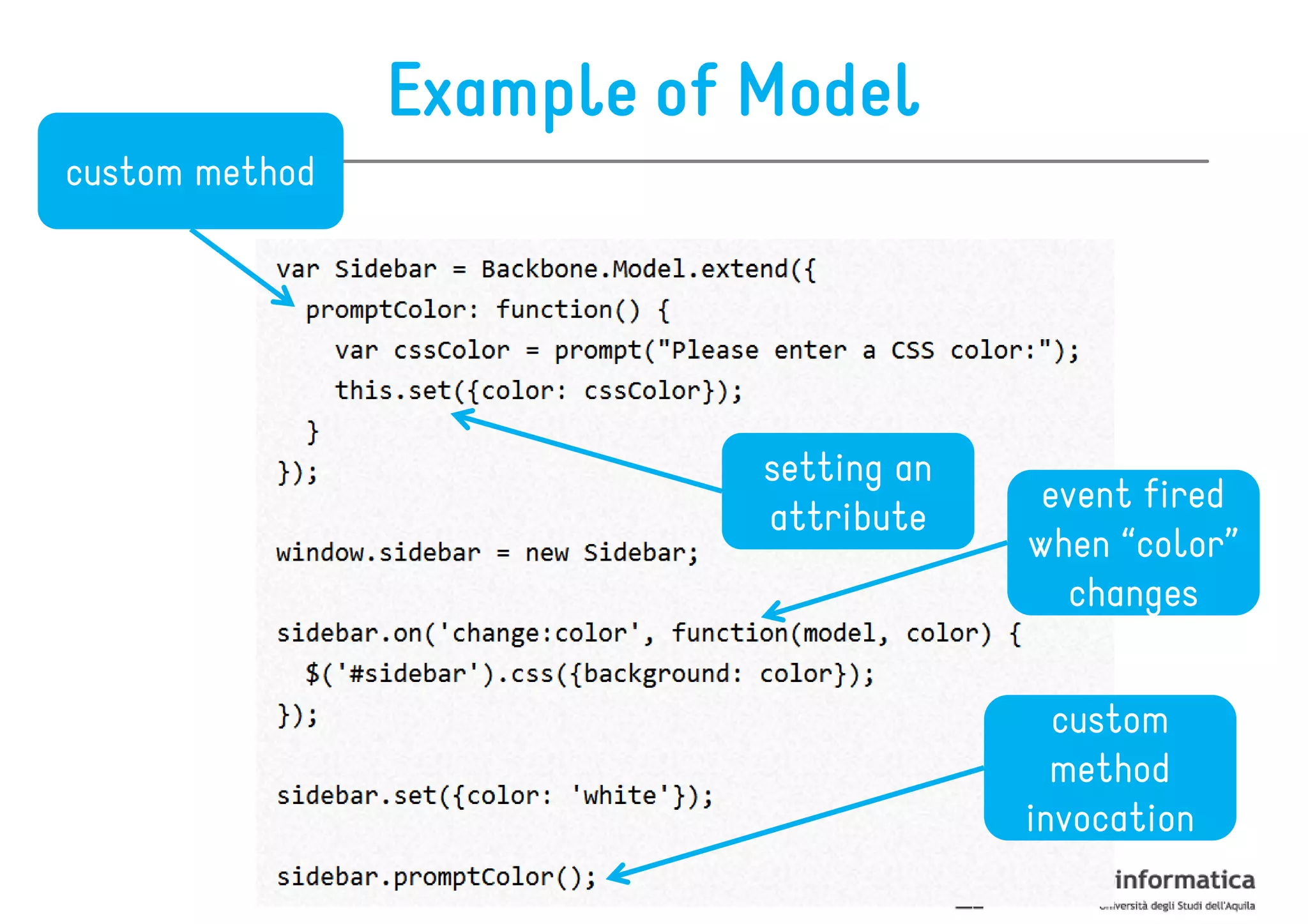 Example of Model
custom method




                           setting an
                                         event fired
                           attribute
                                        when “color”
                                          changes


                                          custom
                                          method
                                        invocation
 