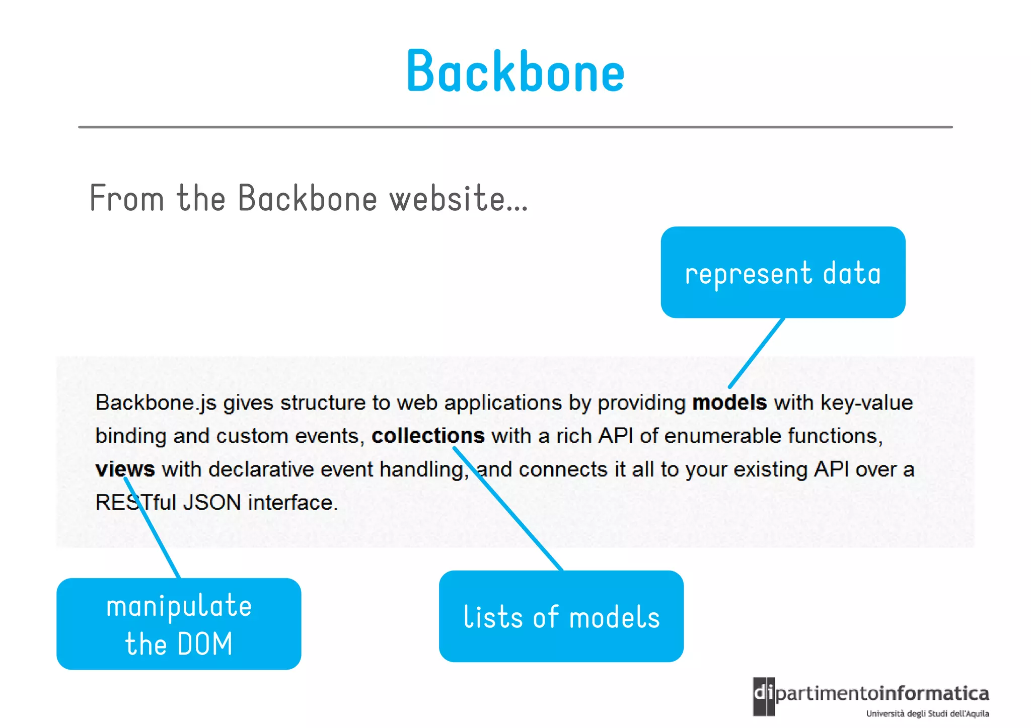 Backbone

From the Backbone website...
                                         represent data




 manipulate            lists of models
  the DOM
 