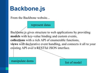 Backbone.js
From the Backbone website...

               represent datas

Backbone.js gives structure to web applications by providing
models with key-value binding and custom events,
collections with a rich API of enumerable functions,
views with declarative event handling, and connects it all to your
existing API over a RESTful JSON interface.



manipulate doms                           list of model
 