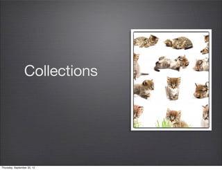 Hello Router
• You only
need
one
• Deﬁnes
routes
and
handlers
var router = new (Backbone.Router.extend({
  routes: {
    '' : 'home',
    'help' : 'help'
  },
 
  home: function() {
    alert('WElcome home');
  },
 
  help: function() {
    alert('What can I help you with ?');
  }
}))();
 
Backbone.history.start({ pushState: true } );
Thursday, September 12, 13
 