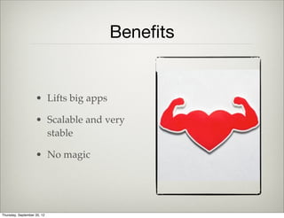 Collections
    global.models.TasksGroup = Backbone.Collection.extend({
        model: global.models.Task
    })
Deﬁne a new collection
A collection needs to create objects, so we must
provide the type as a class
Thursday, September 12, 13
 