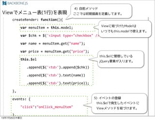!!!!!!!!this.listenTo(!menuItem,!'change',!this.updateRender);
!!!!},
!!!!createRender:!function(){
!!!!!!!!var!menuItem!=!this.model;
!!!!!!!!var!$chk!=!$('<input!type="checkbox"!/>');
!!!!!!!!var!name!=!menuItem.get("name");
!!!!!!!!var!price!=!menuItem.get("price");
!!!!!!!!this.$el
!!!!!!!!!!!.append($('<td>').append($chk))
!!!!!!!!!!!.append($('<td>').text(name))
!!!!!!!!!!!.append($('<td>').text(price));
!!!!},
!!!!events:!{
!!!!!!!!"click":"onClick_menuItem"
!!!!},
13725ľ
 