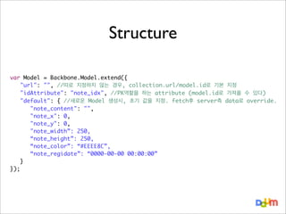 Structure
var Model = Backbone.Model.extend({
	 "url": "", //따로 지정하지 않는 경우, collection.url/model.id로 기본 지정
	 "idAttribute": "note_idx", //PK역할을 하는 attribute (model.id로 가져올 수 있다)
	 "default": { //새로운 Model 생성시, 초기 값을 지정. fetch후 server측 data로 override.
	 	 "note_content": "",
	 	 "note_x": 0,
	 	 "note_y": 0,
	 	 "note_width”: 250,
“note_height”: 250,
“note_color”: “#EEEE8C”,
“note_regidate”: “0000-00-00 00:00:00”
	 }
});

 