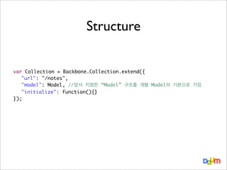 Structure
var Collection = Backbone.Collection.extend({
	 "url": "/notes",
"model": Model, //앞서 지정한 “Model” 구조를 개별 Model의 기본으로 가짐
"initialize": function(){}
});

 