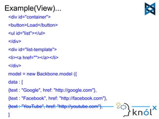 Example(View)... 
<div id="container"> 
<button>Load</button> 
<ul id="list"></ul> 
</div> 
<div id="list-template"> 
<li><a href=""></a></li> 
</div> 
model = new Backbone.model ({ 
data : [ 
{text : "Google", href: "http://google.com"}, 
{text : "Facebook", href: "http://facebook.com"}, 
{text : "YouTube", href: "http://youtube.com"}, 
] 
 
