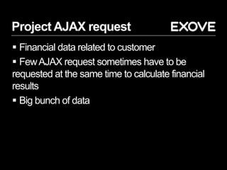 Project AJAX request
 Financial data related to customer
 FewAJAX request sometimes have to be
requested at the same time to calculate financial
results
 Big bunch of data
 
