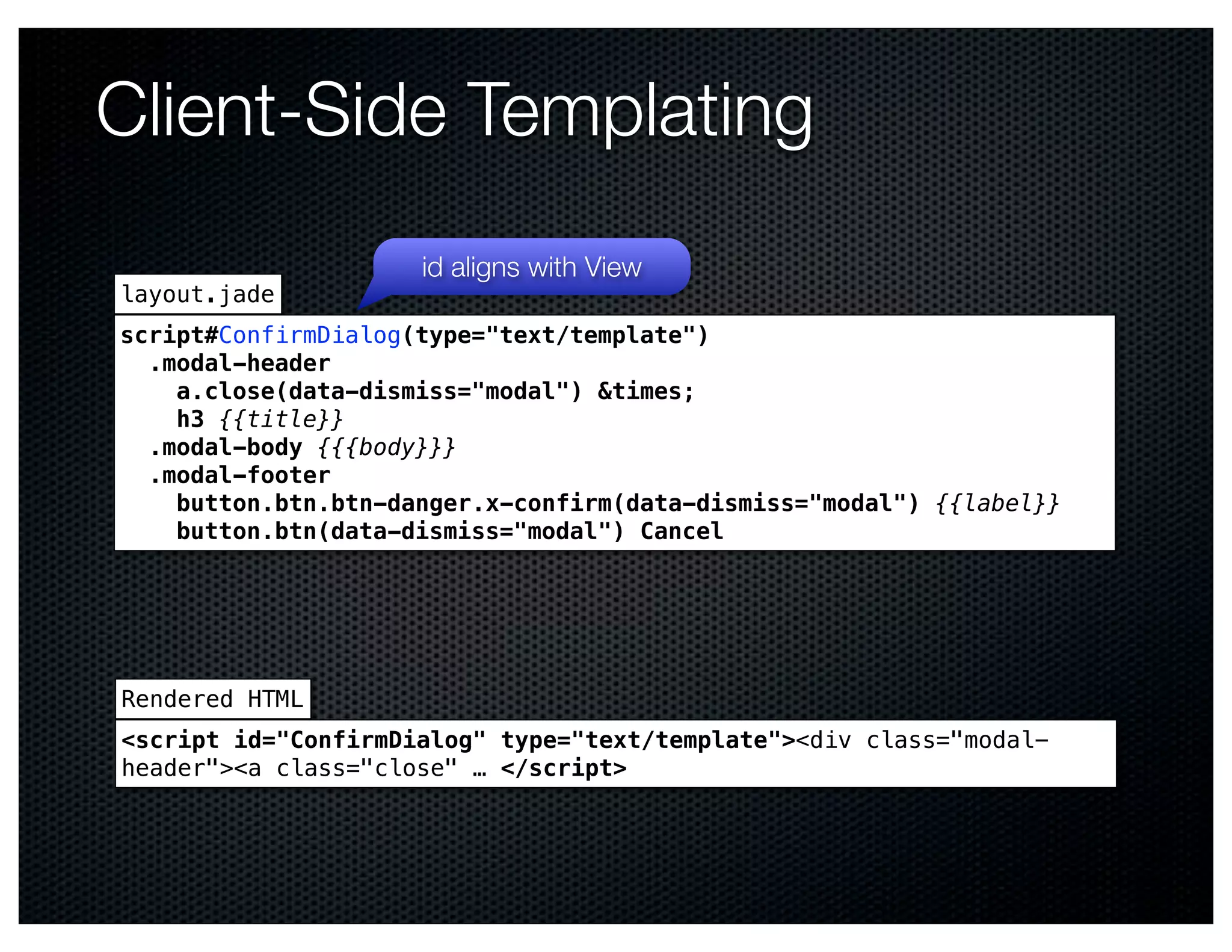 Client-Side Templating
                     id aligns with View
layout.jade
script#ConfirmDialog(type="text/template")
  .modal-header
    a.close(data-dismiss="modal") &times;
    h3 {{title}}
  .modal-body {{{body}}}
  .modal-footer
    button.btn.btn-danger.x-confirm(data-dismiss="modal") {{label}}
    button.btn(data-dismiss="modal") Cancel




Rendered HTML
<script id="ConfirmDialog" type="text/template"><div class="modal-
header"><a class="close" … </script>
 