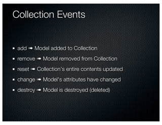 Collection Events


 add ➠ Model added to Collection
 remove ➠ Model removed from Collection
 reset ➠ Collection's entire contents updated
 change ➠ Model's attributes have changed
 destroy ➠ Model is destroyed (deleted)
 