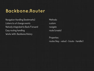 Backbone.Router
Navigation Handling (bookmarks)
Listens to url change events
Natively integrated to Back/Forward
Easy routing handling
Works With: Backbone.History
Methods:
custom
navigate
route (create)
Properties:
routes (key - value) - (route - handler)
 
