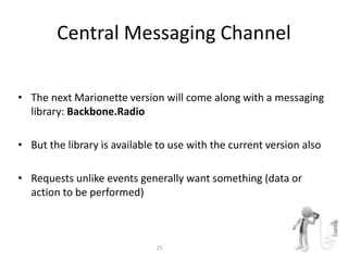 Central Messaging Channel
• The next Marionette version will come along with a messaging
library: Backbone.Radio
• But the library is available to use with the current version also
• Requests unlike events generally want something (data or
action to be performed)
25
 