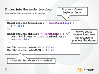 Diving into the code: top down                Supports jQuery,
NoConflict and optional DOM library.          Zepto, or Ender	
  

…	
  



                                                          Allows you to
                                                        restore Backbone
                                                          namespace to
                                                       previous Backbone.	
  




…	
  
        Used with Backbone.sync method.	
  


10
 