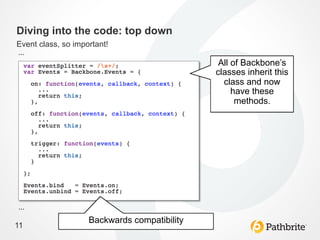 Diving into the code: top down
Event class, so important!
…	
  
                                                   All of Backbone’s
                                                  classes inherit this
                                                    class and now
                                                       have these
                                                        methods.	
  




…	
  
                    Backwards compatibility	
  
11
 
