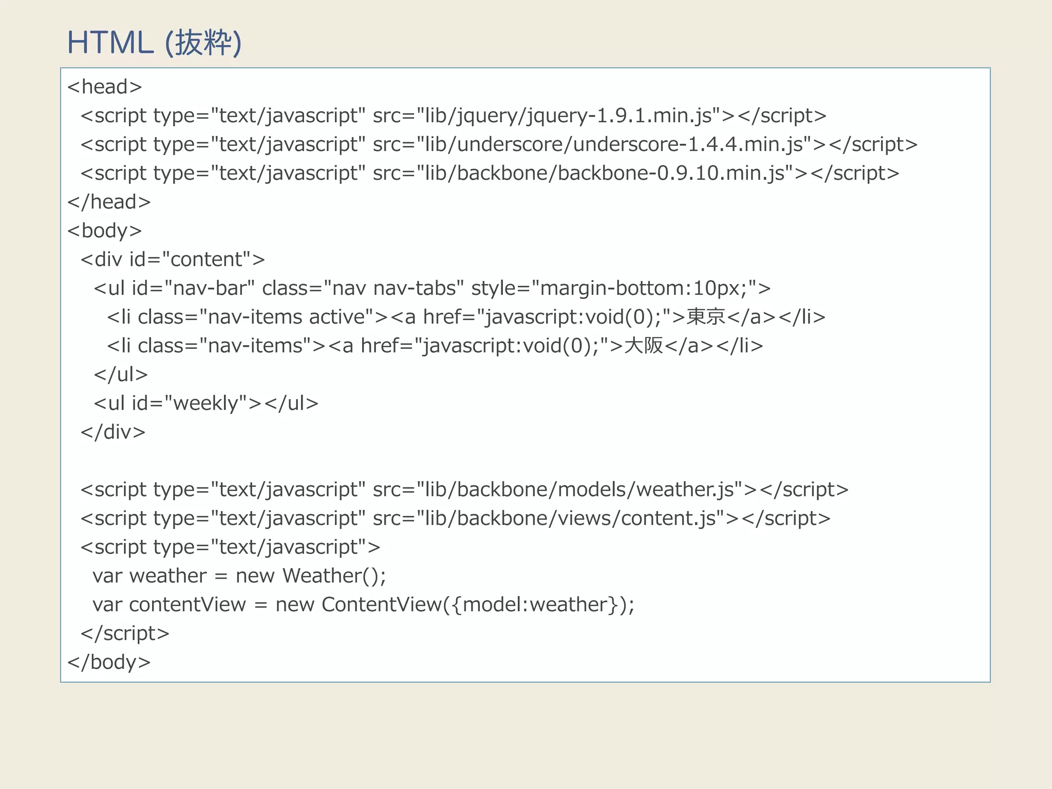 HTML (抜粋)
<head>
    <script  type="text/javascript"  src="lib/jquery/jquery-‐‑‒1.9.1.min.js"></script>
    <script  type="text/javascript"  src="lib/underscore/underscore-‐‑‒1.4.4.min.js"></script>
    <script  type="text/javascript"  src="lib/backbone/backbone-‐‑‒0.9.10.min.js"></script>
</head>
<body>
    <div  id="content">
        <ul  id="nav-‐‑‒bar"  class="nav  nav-‐‑‒tabs"  style="margin-‐‑‒bottom:10px;">
            <li  class="nav-‐‑‒items  active"><a  href="javascript:void(0);">東京</a></li>
            <li  class="nav-‐‑‒items"><a  href="javascript:void(0);">⼤大阪</a></li>
        </ul>
        <ul  id="weekly"></ul>
    </div>
    
    <script  type="text/javascript"  src="lib/backbone/models/weather.js"></script>
    <script  type="text/javascript"  src="lib/backbone/views/content.js"></script>
    <script  type="text/javascript">
        var  weather  =  new  Weather();
        var  contentView  =  new  ContentView({model:weather});
    </script>
</body>
 