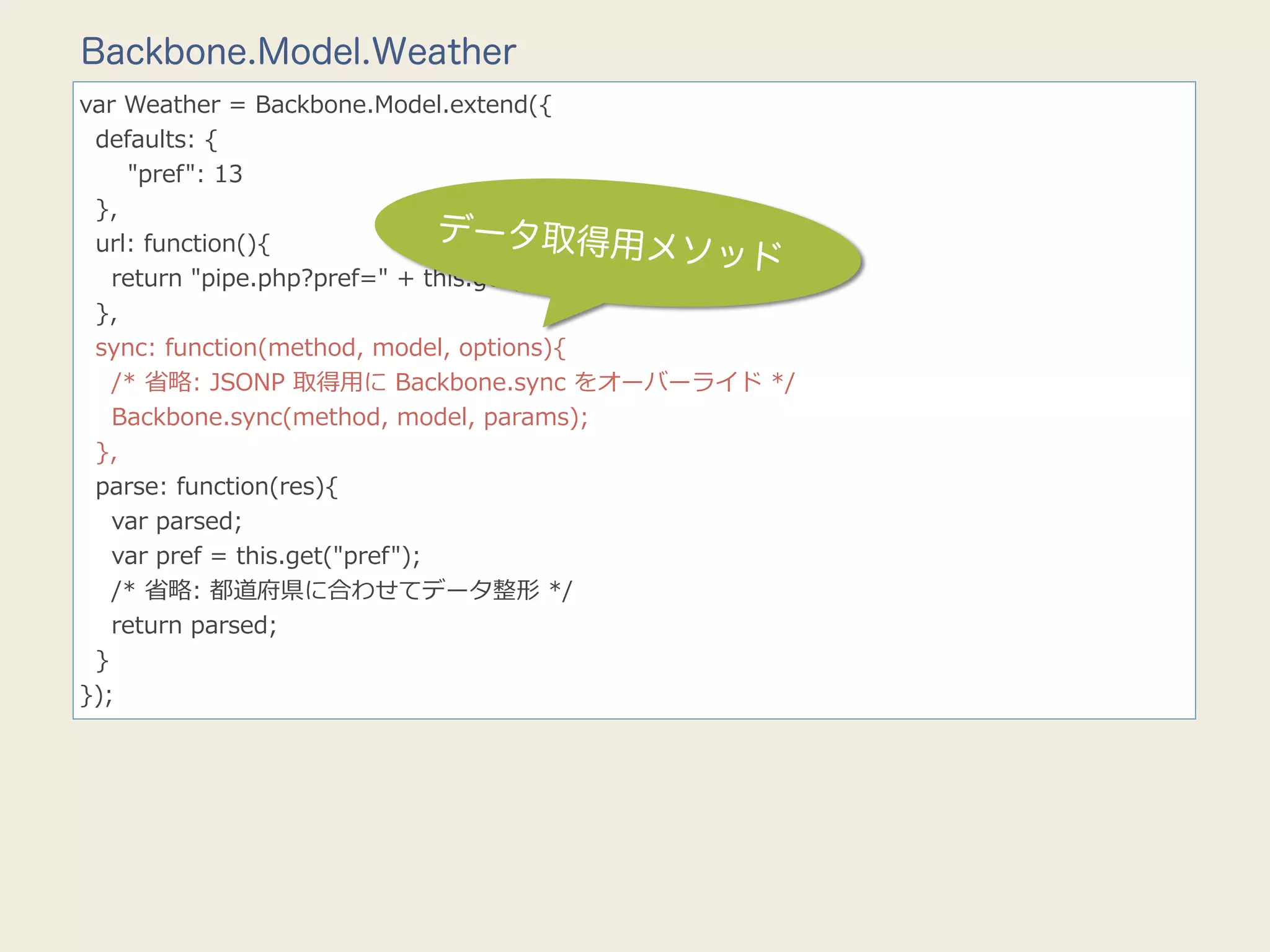 Backbone.Model.Weather
var  Weather  =  Backbone.Model.extend({
    defaults:  {
            "pref":  13
    },
    url:  function(){                   データ取得用
                                                       メソッド
        return  "pipe.php?pref="  +  this.get("pref");
    },
    sync:  function(method,  model,  options){
        /*  省省略略:  JSONP  取得⽤用に  Backbone.sync  をオーバーライド  */
        Backbone.sync(method,  model,  params);
    },
    parse:  function(res){
        var  parsed;
        var  pref  =  this.get("pref");
        /*  省省略略:  都道府県に合わせてデータ整形  */
        return  parsed;
    }
});
 