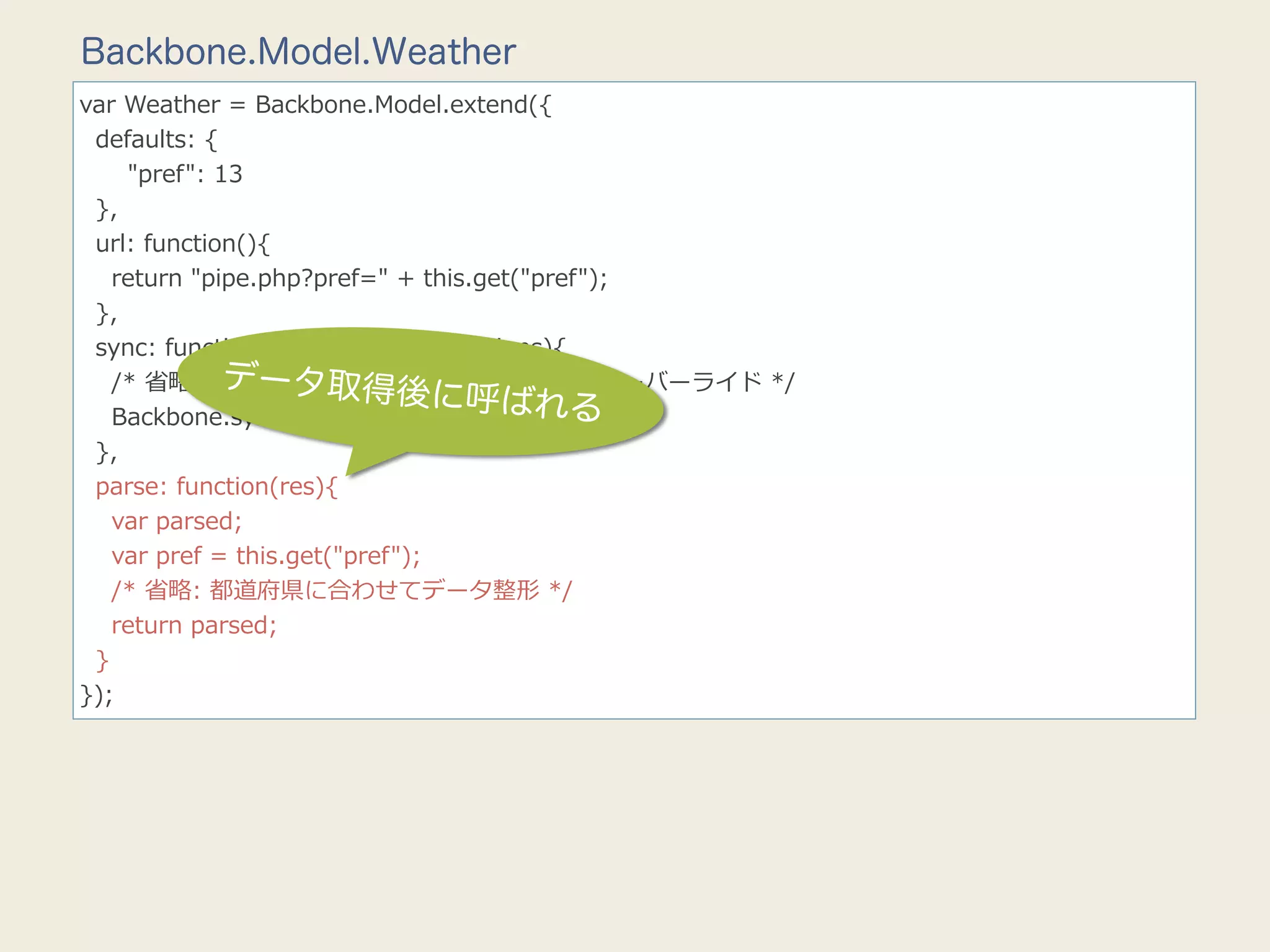 Backbone.Model.Weather
var  Weather  =  Backbone.Model.extend({
    defaults:  {
            "pref":  13
    },
    url:  function(){
        return  "pipe.php?pref="  +  this.get("pref");
    },
    sync:  function(method,  model,  options){
                      データ取得後
        /*  省省略略:  JSONP  取得⽤用に  Backbone.sync  をオーバーライド  */
                                        に呼ばれる
        Backbone.sync(method,  model,  params);
    },
    parse:  function(res){
        var  parsed;
        var  pref  =  this.get("pref");
        /*  省省略略:  都道府県に合わせてデータ整形  */
        return  parsed;
    }
});
 